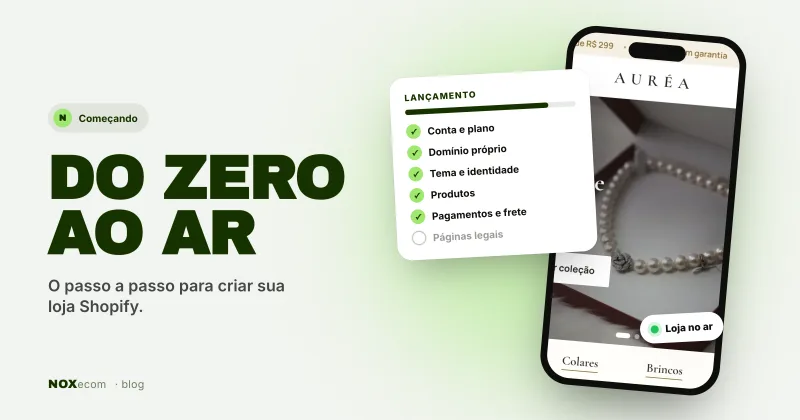 Checklist de lançamento de loja Shopify ao lado de um celular com a loja no ar
