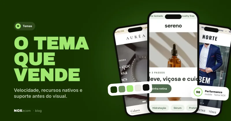 Três celulares mostrando lojas diferentes feitas com o Tema NOX