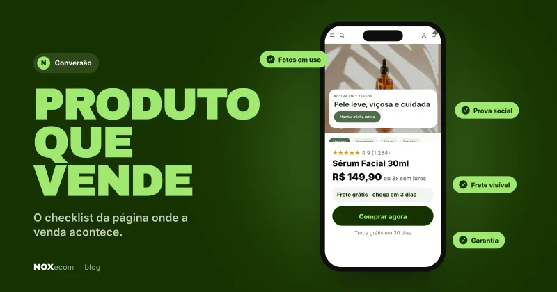 Celular com página de produto destacando fotos em uso, prova social, frete visível e garantia